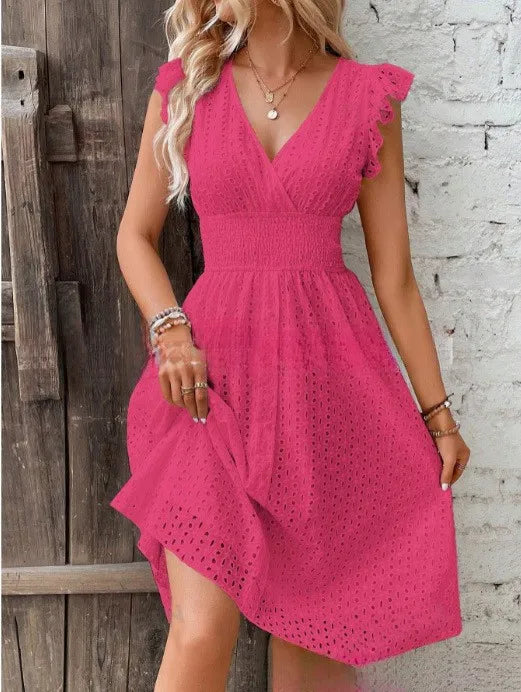 Sylue Long Dress Summer V-Neck Hollow Lace Casual
