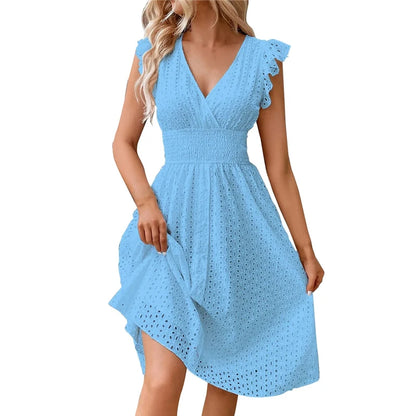 Sylue Long Dress Summer V-Neck Hollow Lace Casual
