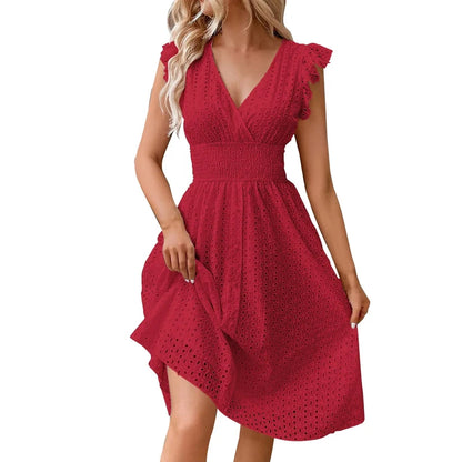 Sylue Long Dress Summer V-Neck Hollow Lace Casual