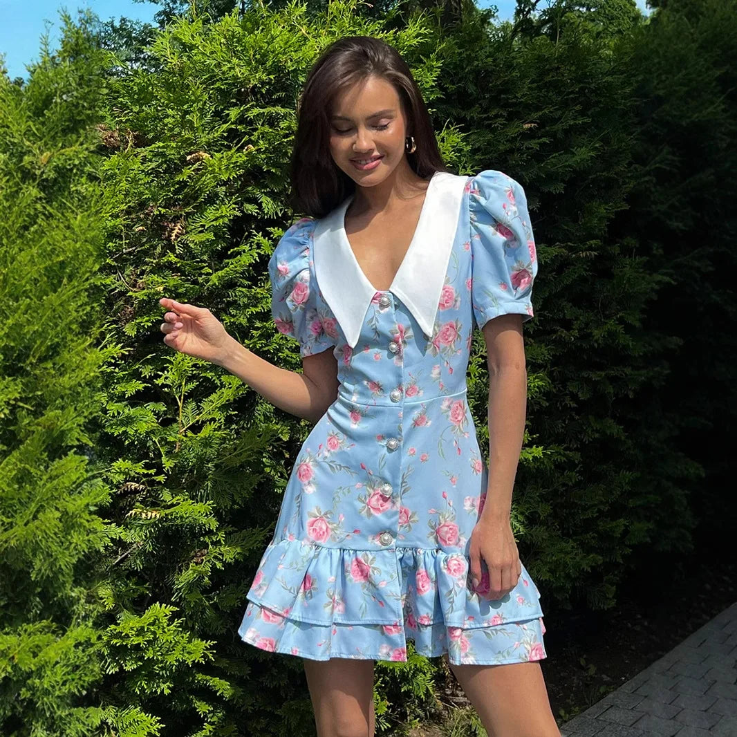 Sylue Short Dress Puff Sleeves V-Neck Ruffled Mini