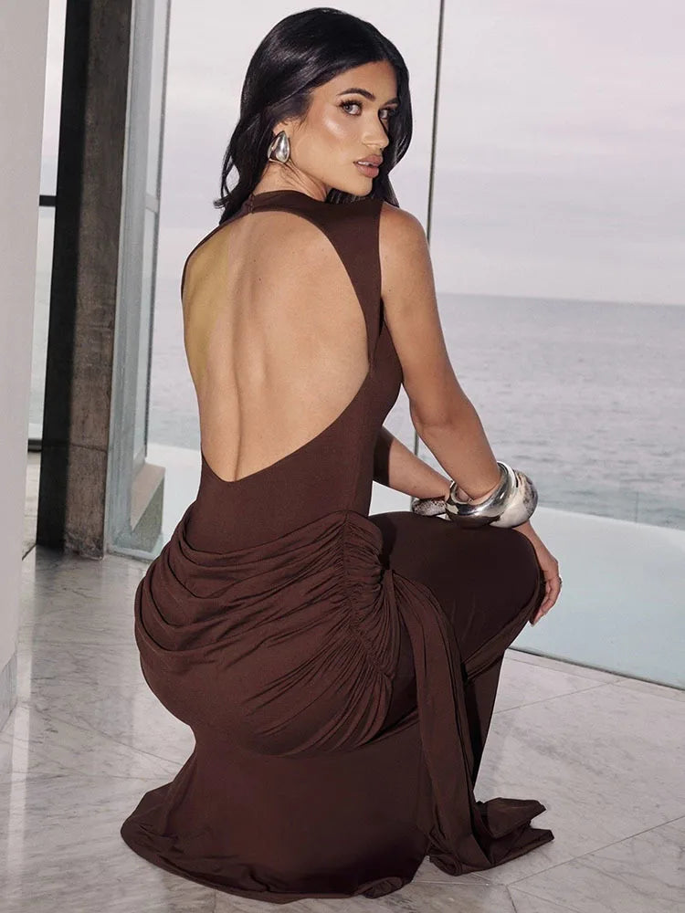 Sylue Long Dress Backless Ruched Draped Elegant Maxi