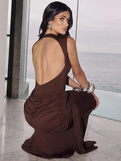 Sylue Long Dress Backless Ruched Draped Elegant Maxi