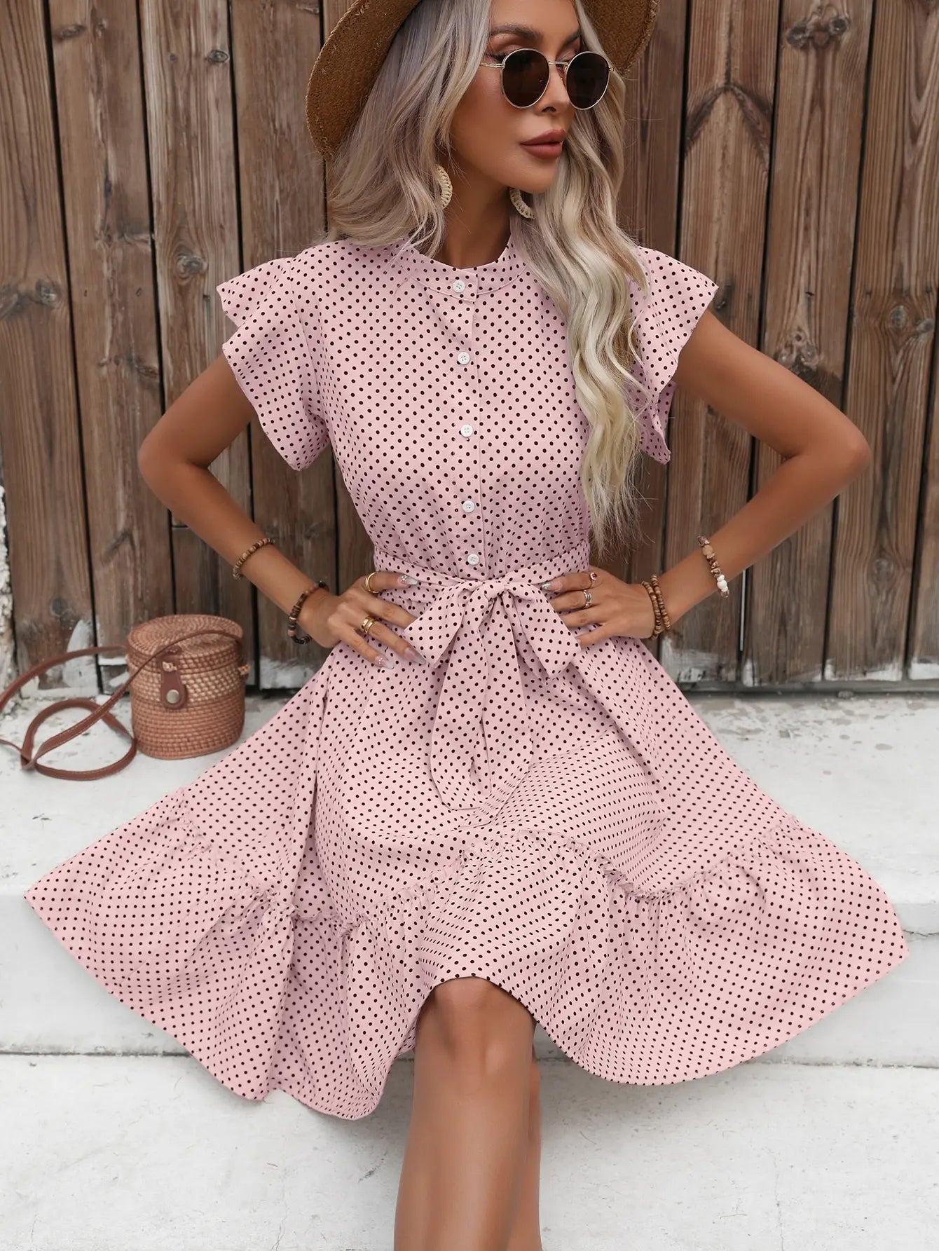 Sylue Short Dress Polka Dot Ruffle Butterfly Sleeve