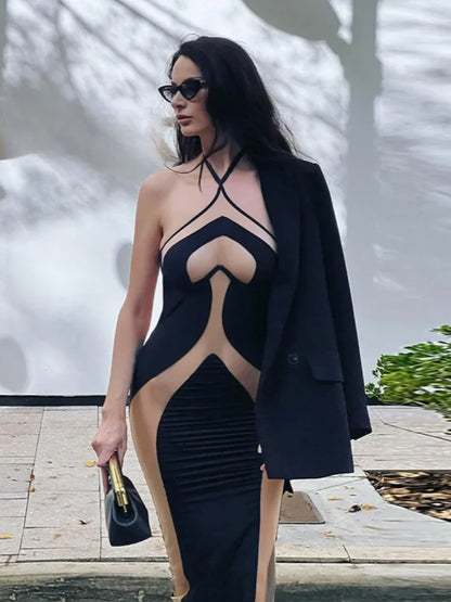 Sylue Long Dress Mesh Patchwork Halter Backless