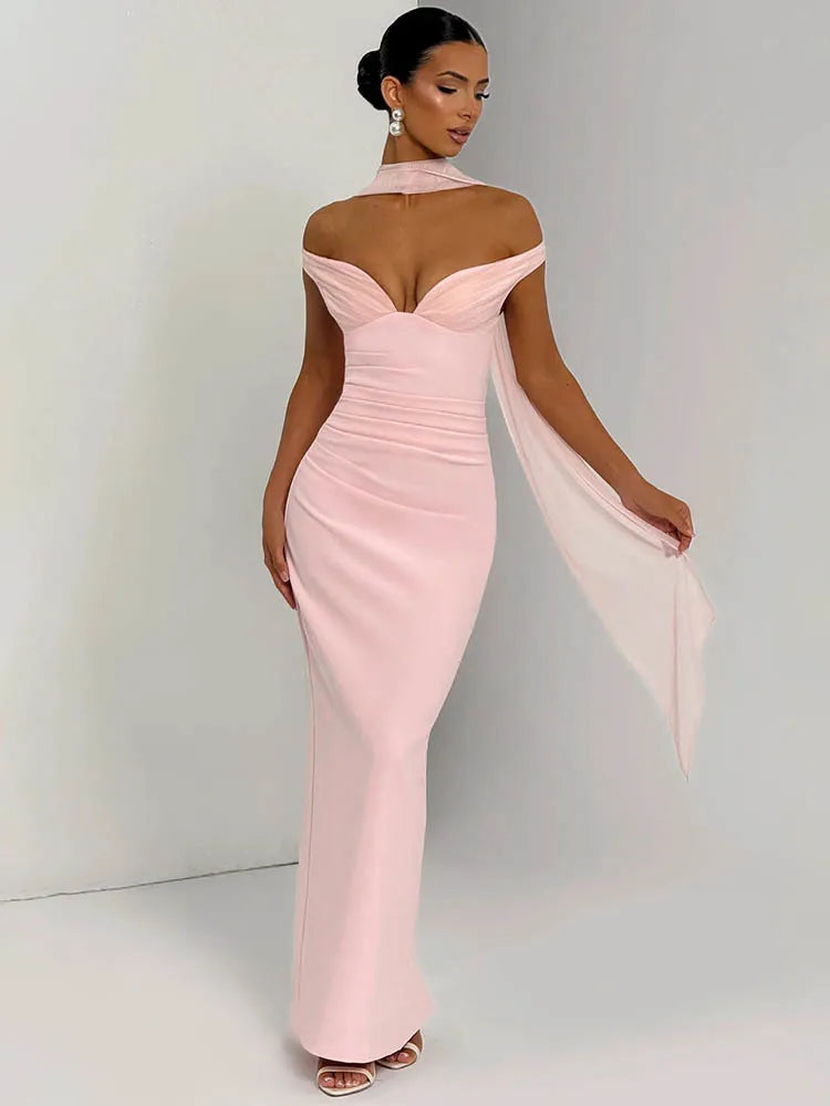 Sylue Long Dress Off-Shoulder Scarf Collar Backless