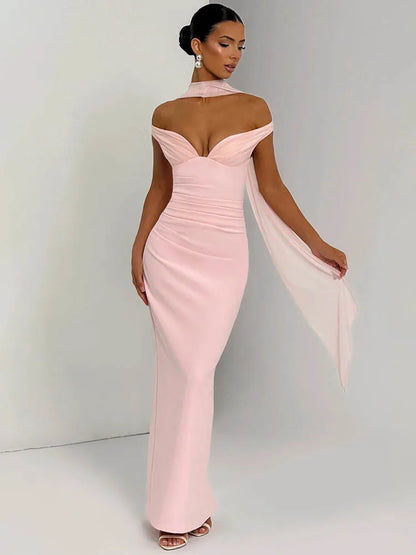 Sylue Long Dress Off-Shoulder Scarf Collar Backless