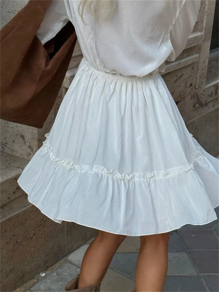 Sylue Long Dress Ruffled V-Neck White Elegant Lace-Up