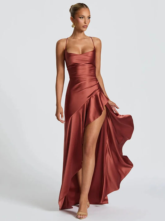 Sylue Long Dress Satin Spaghetti Strap Split Backless