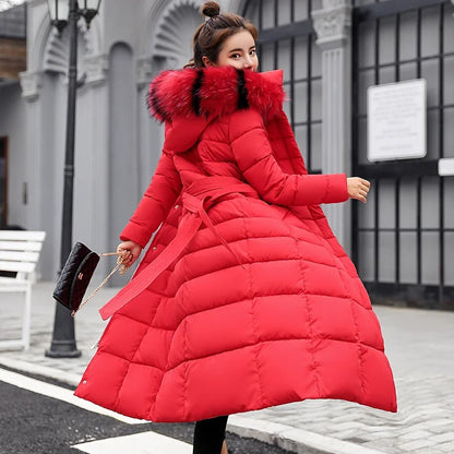 Bow Belt Fox Fur Collar Winter Coat