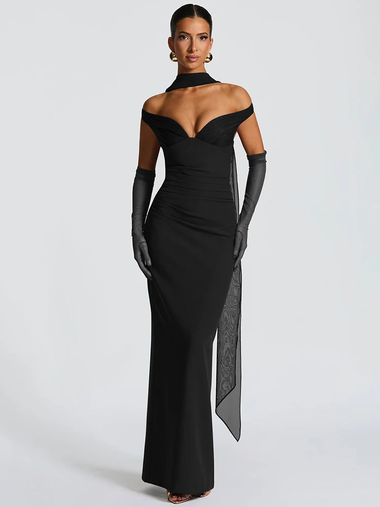 Sylue Long Dress Off-Shoulder Scarf Collar Backless