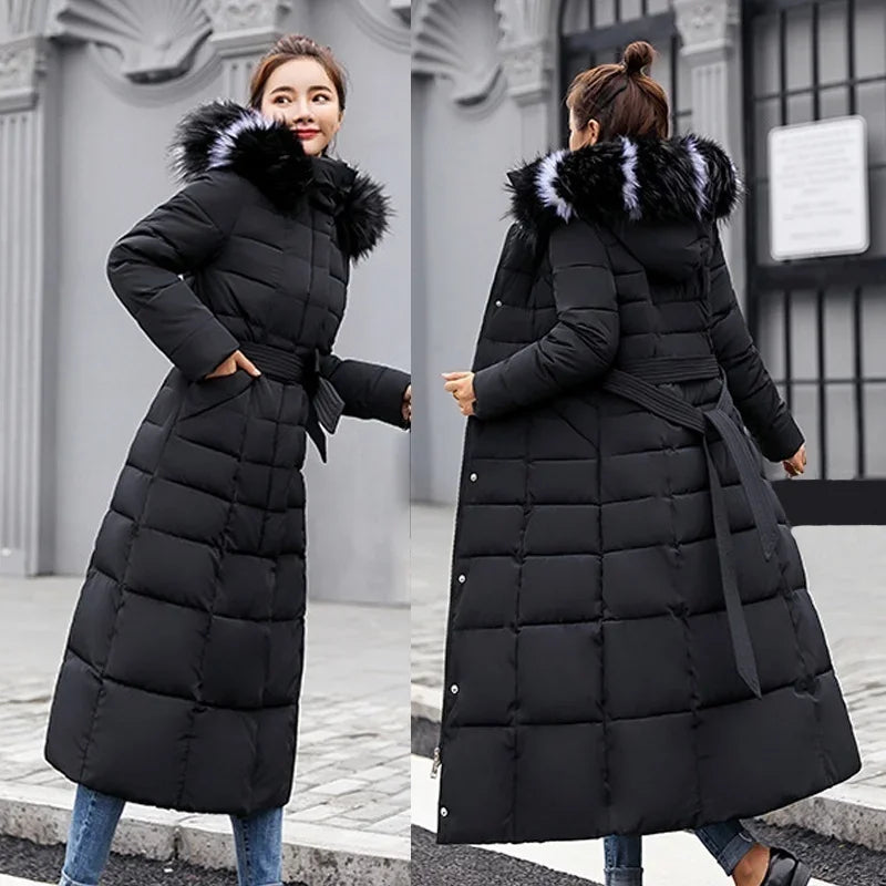 Bow Belt Fox Fur Collar Winter Coat