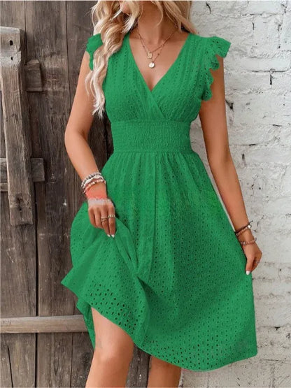 Sylue Long Dress Summer V-Neck Hollow Lace Casual