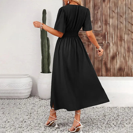 Sylue Long Dress Ruffle Pleated V-Neck Lace-Up