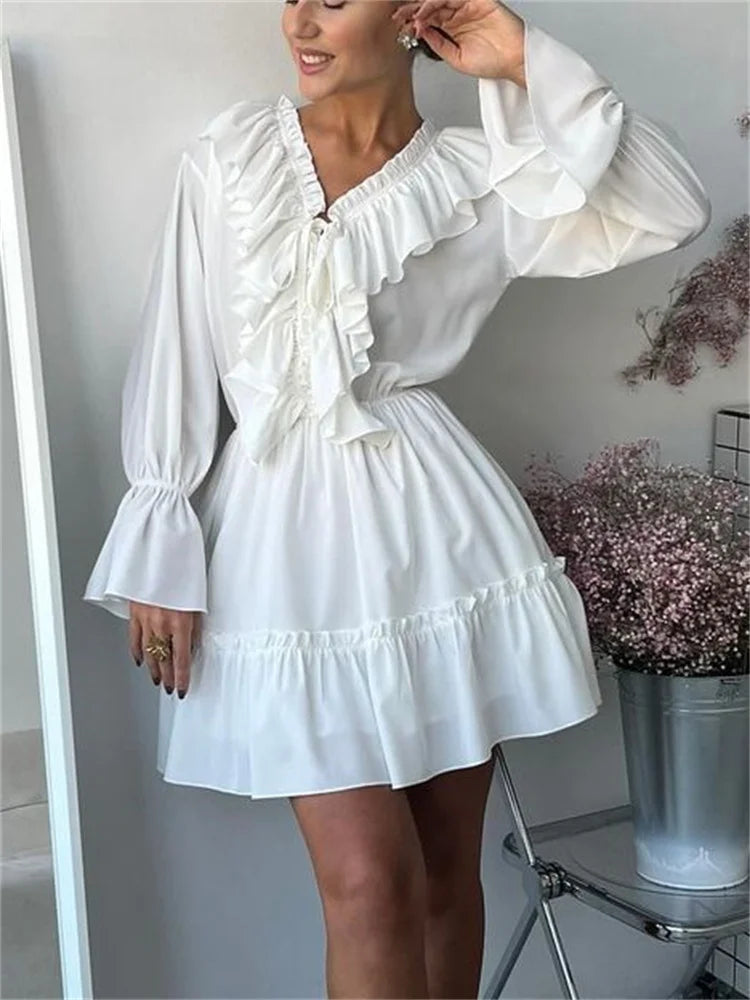 Sylue Long Dress Ruffled V-Neck White Elegant Lace-Up