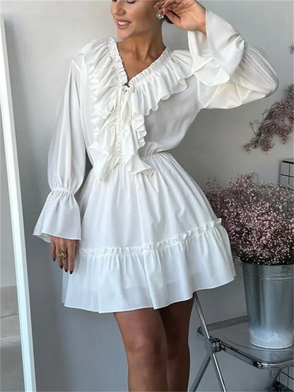 Sylue Long Dress Ruffled V-Neck White Elegant Lace-Up