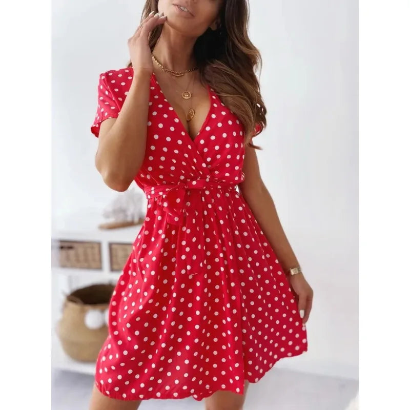 Sylue Short Dress Summer Polka Dot V-Neck Belt