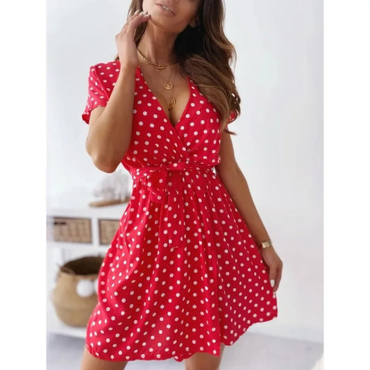 Sylue Short Dress Summer Polka Dot V-Neck Belt