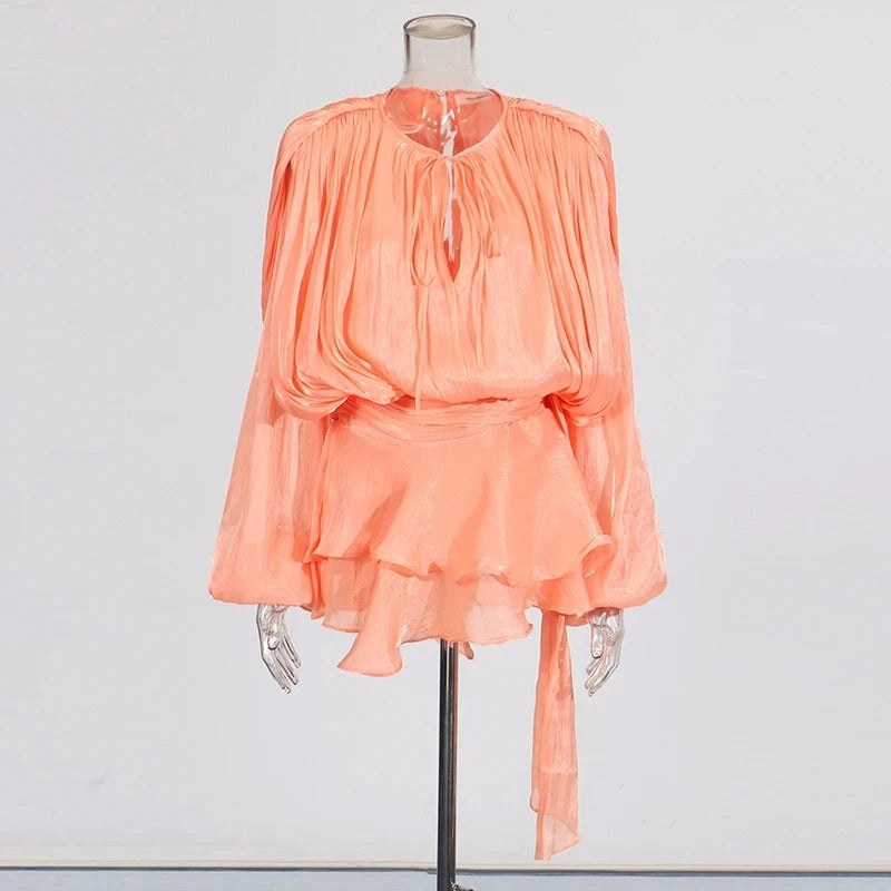 Sylue Short Dress Solid Patchwork Lace-Up V-Neck Mini