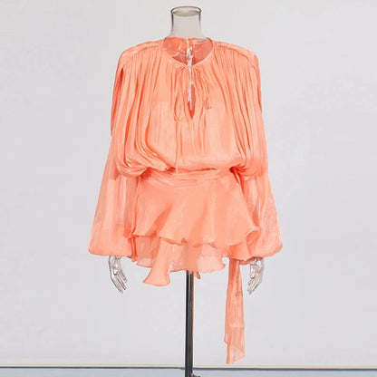 Sylue Short Dress Solid Patchwork Lace-Up V-Neck Mini