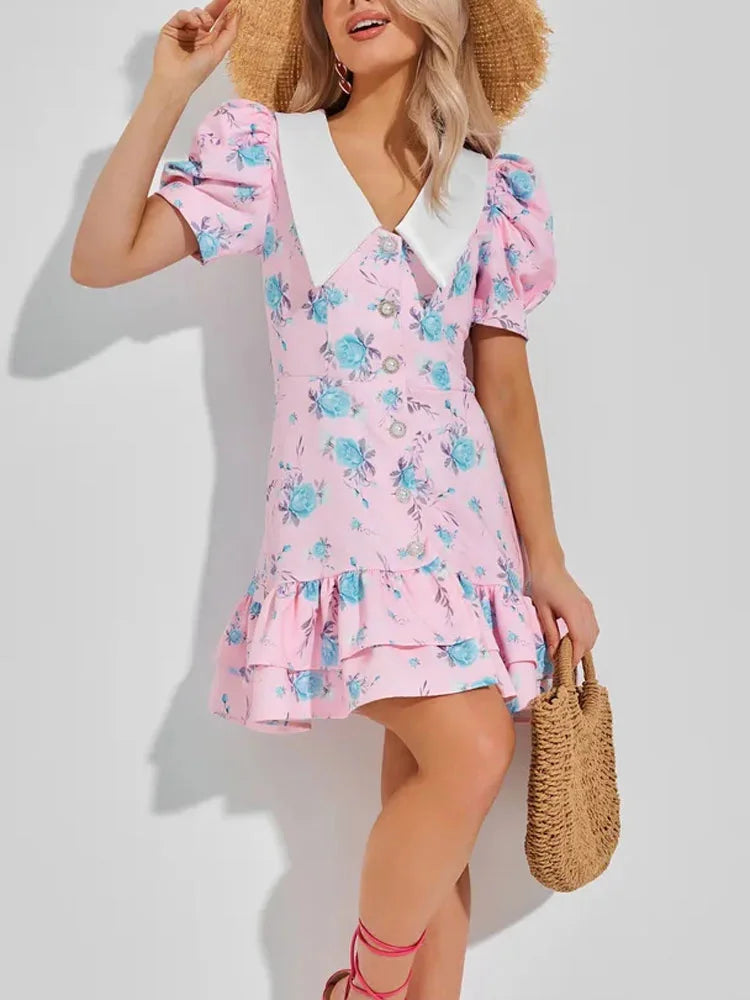 Sylue Short Dress Printed Lapel Patchwork Contrast Bodycon