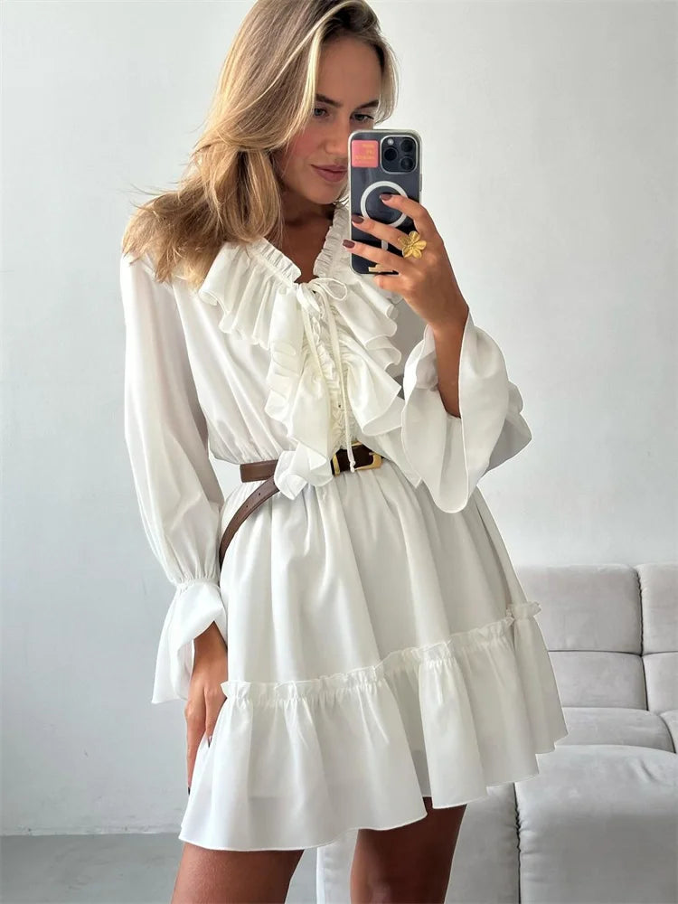 Sylue Long Dress Ruffled V-Neck White Elegant Lace-Up
