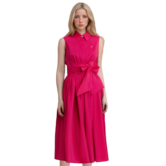 Sylue Long Dress Sleeveless Lapel A-Line Belted
