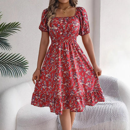 Sylue Short Dress Floral 3D Print Square Neck