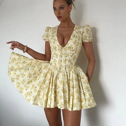 Sylue Short Dress Retro Print V-Neck Ruffled