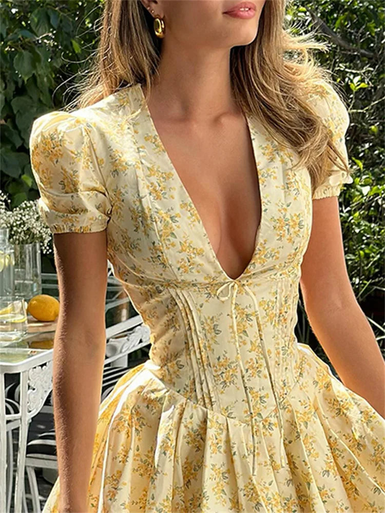 Sylue Short Dress Retro Print V-Neck Ruffled