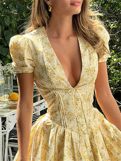 Sylue Short Dress Retro Print V-Neck Ruffled