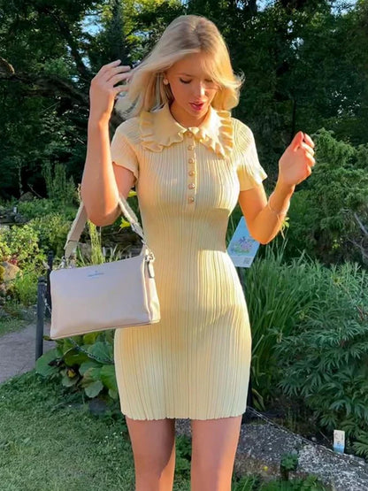 Sylue Short Dress High Waist Ruffled Knitted Slim