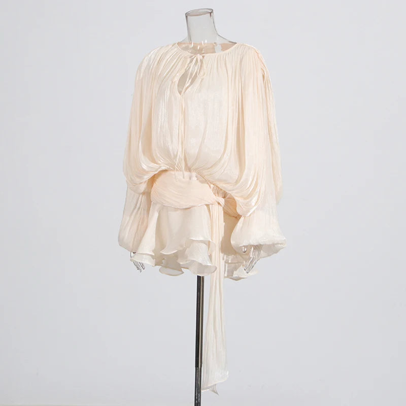 Sylue Short Dress Solid Patchwork Lace-Up V-Neck Mini