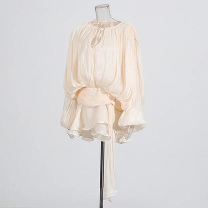 Sylue Short Dress Solid Patchwork Lace-Up V-Neck Mini