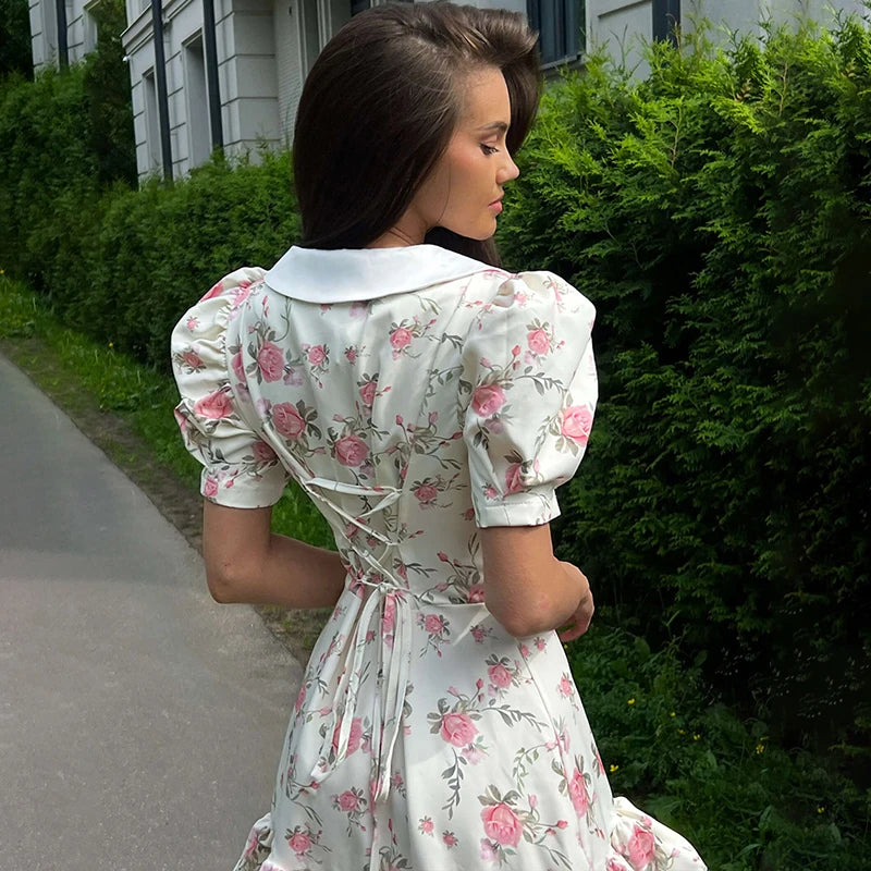 Sylue Short Dress Puff Sleeves V-Neck Ruffled Mini