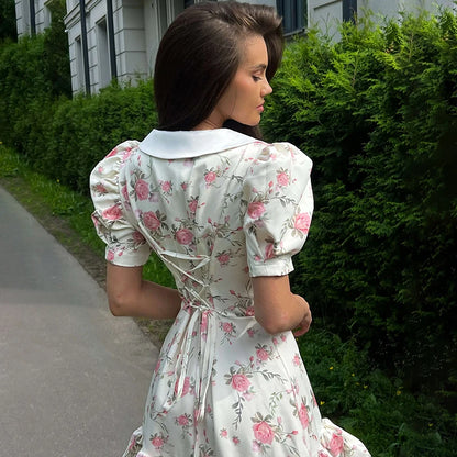 Sylue Short Dress Puff Sleeves V-Neck Ruffled Mini