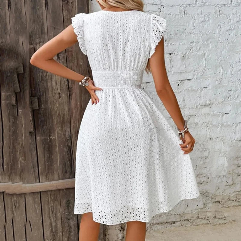 Sylue Long Dress Summer V-Neck Hollow Lace Casual