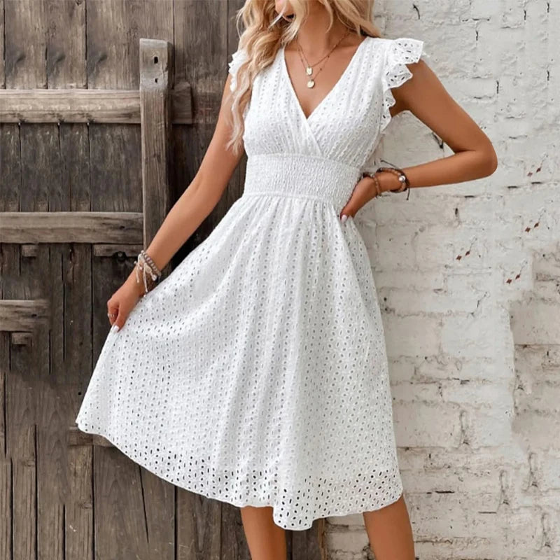 Sylue Long Dress Summer V-Neck Hollow Lace Casual