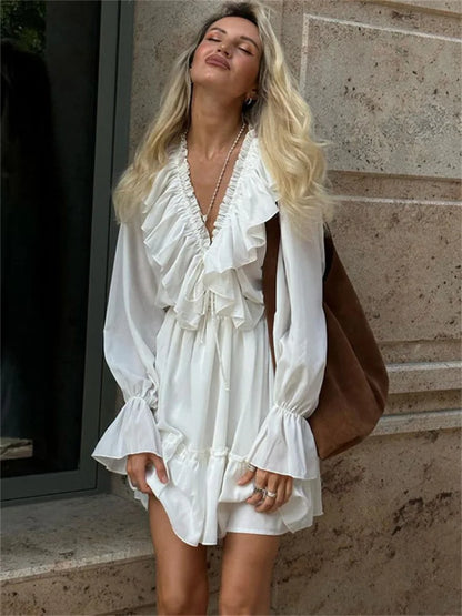Sylue Long Dress Ruffled V-Neck White Elegant Lace-Up