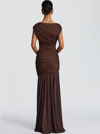 Sylue Long Dress Patchwork Ruched Mesh See-Through