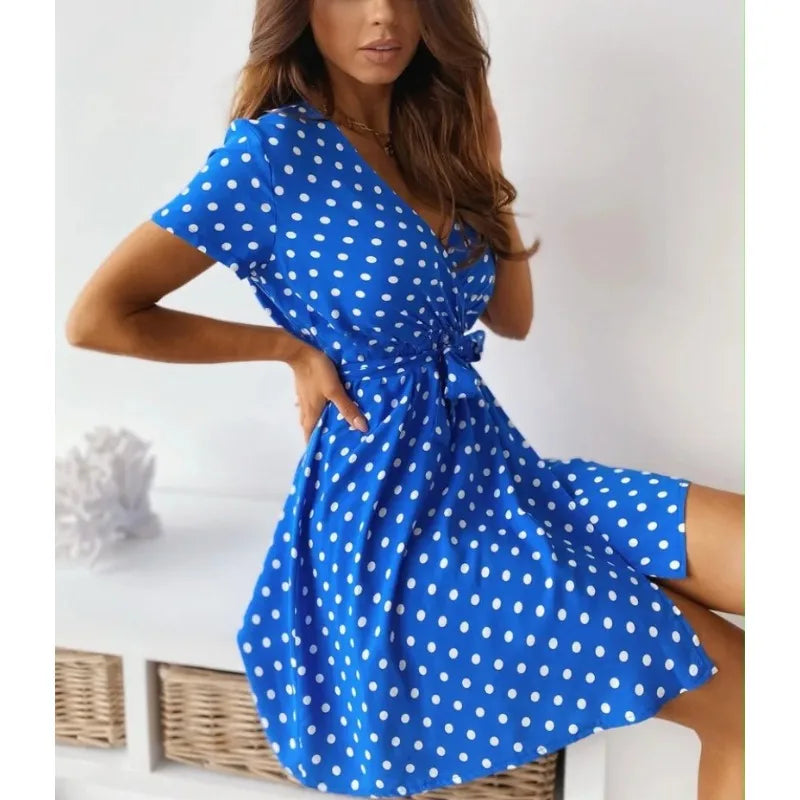Sylue Short Dress Summer Polka Dot V-Neck Belt