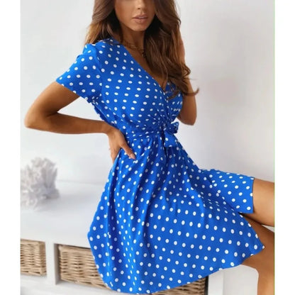 Sylue Short Dress Summer Polka Dot V-Neck Belt