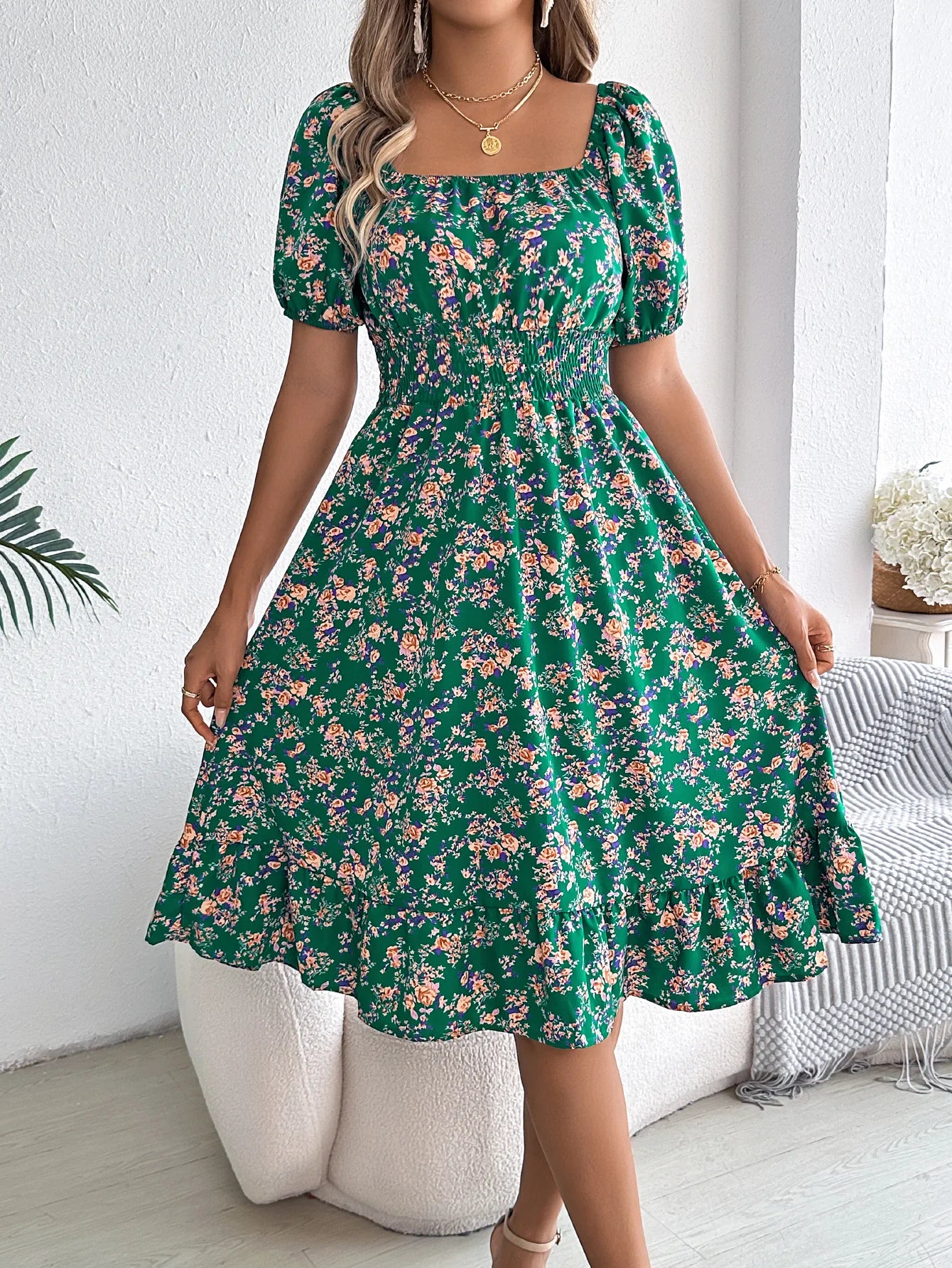 Sylue Short Dress Floral 3D Print Square Neck