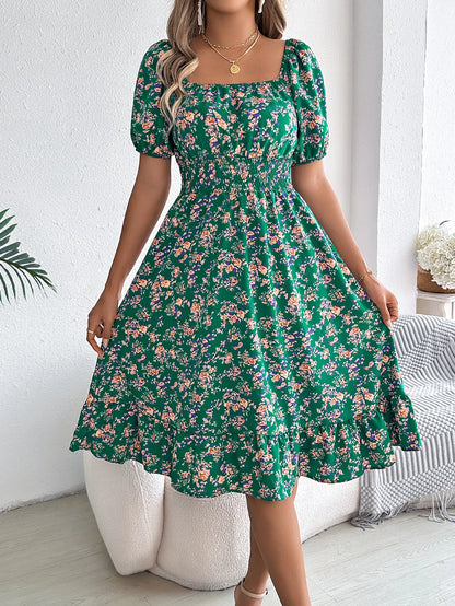 Sylue Short Dress Floral 3D Print Square Neck