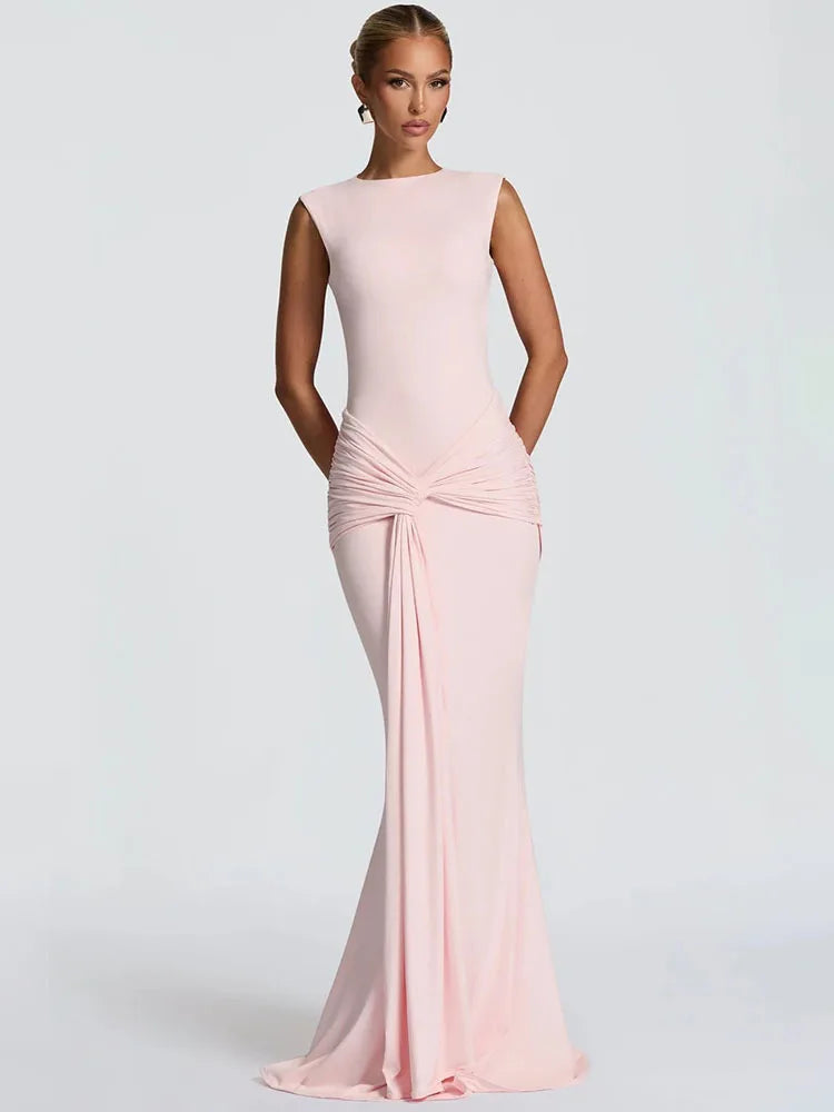 Sylue Long Dress Backless Ruched Draped Elegant Maxi