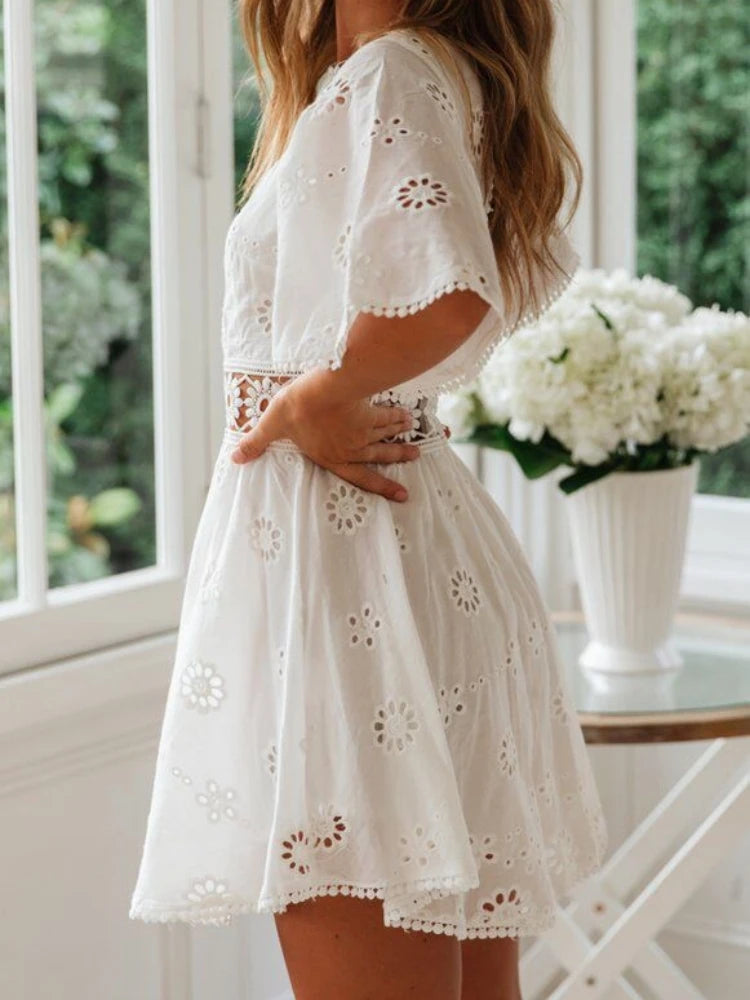 Sylue Short Dress White Backless Floral Embroidery Cotton