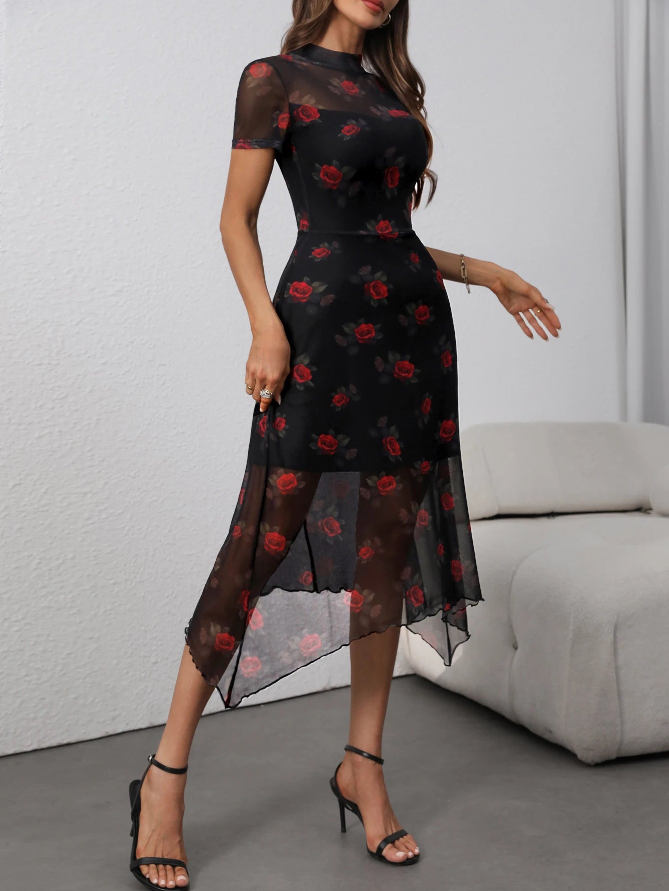 Sylue Short Dress Gothic Floral Mesh Patchwork Elegant
