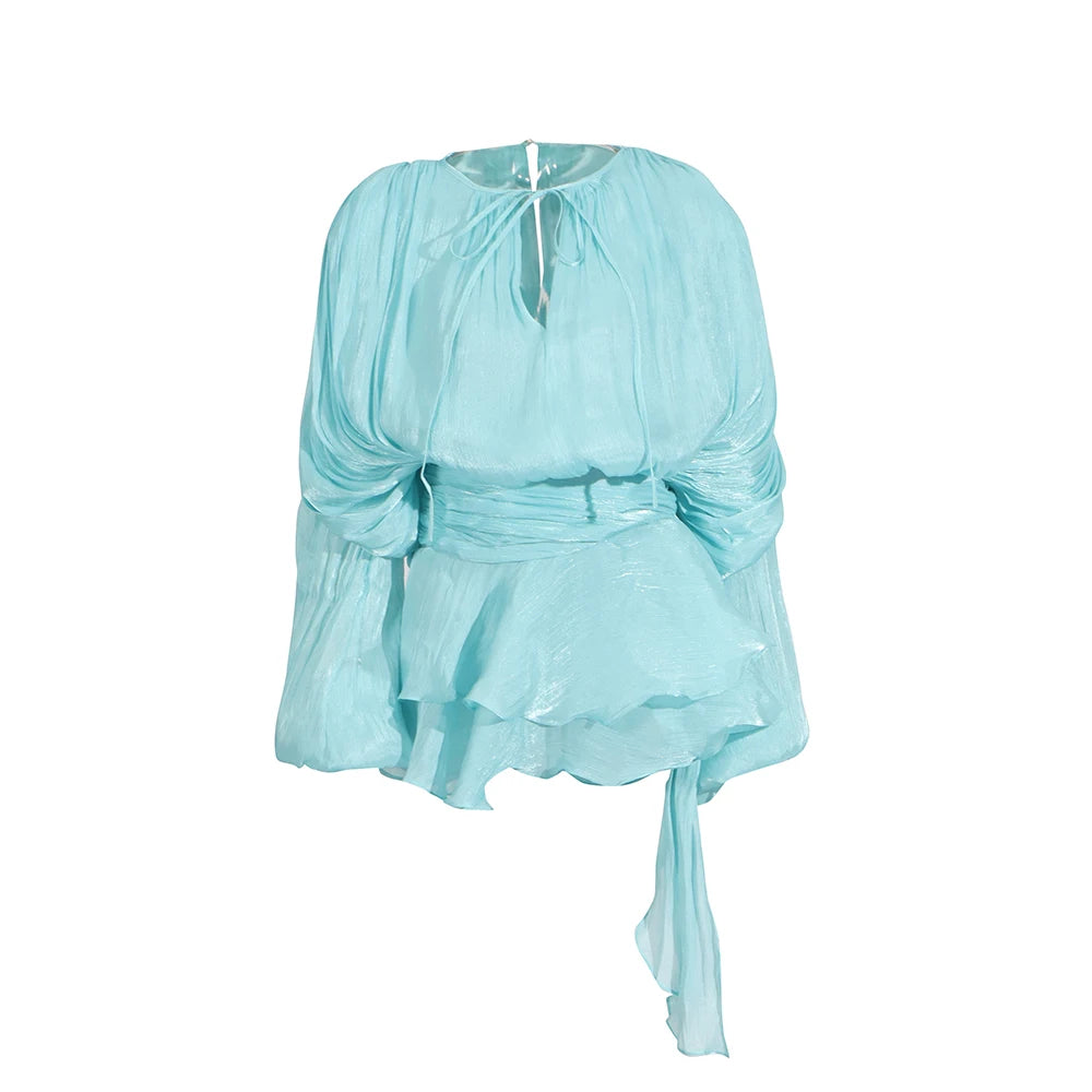 Sylue Short Dress Solid Patchwork Lace-Up V-Neck Mini
