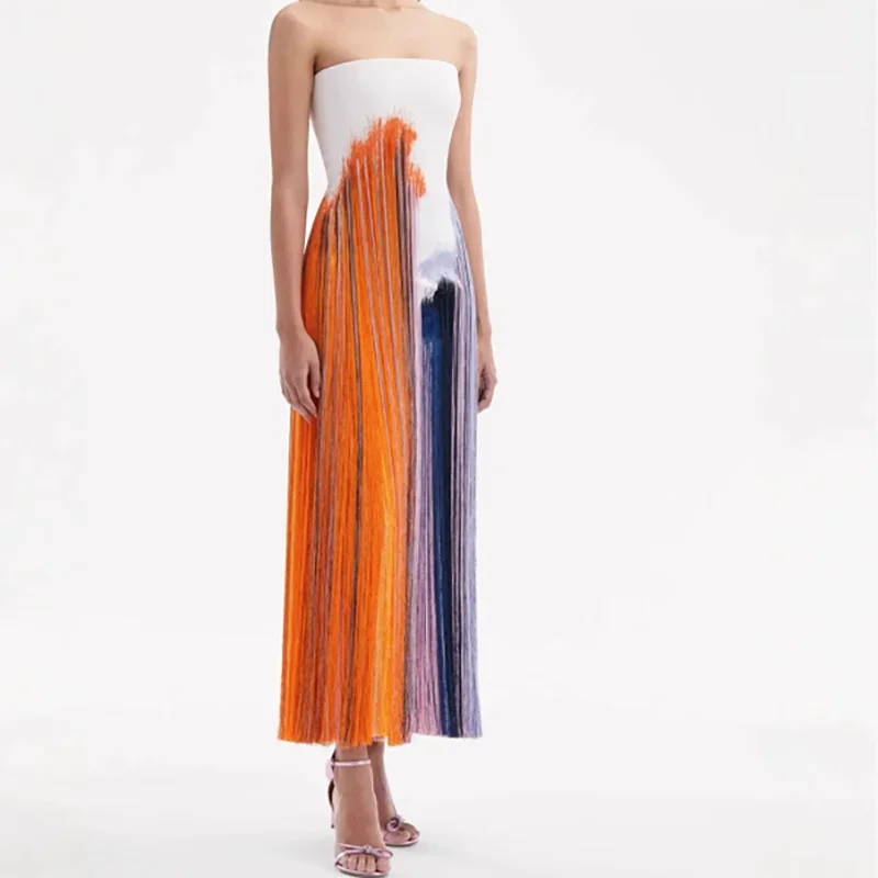 Sylue Long Dress Tassel Print Strapless Backless Split