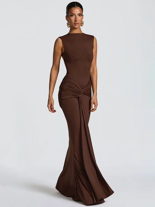 Sylue Long Dress Backless Ruched Draped Elegant Maxi