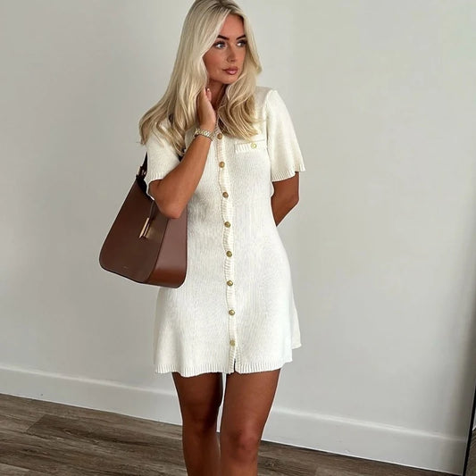Sylue Short Dress White Knitted Ribbed Slim Mini